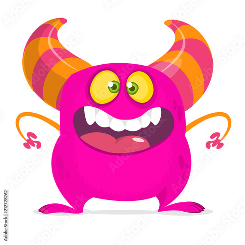 Happy cartoon monster with big mouth. Vector pink  monster illustration. Halloween design