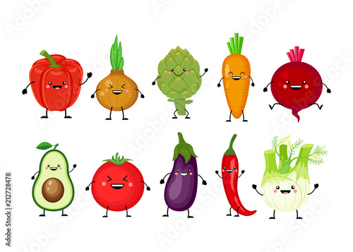 Funny cartoon set of different vegetables.Kawaii vegetables.  Sm