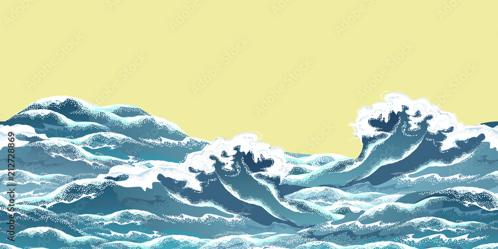 Fototapeta Sea wave horizontal seamless pattern in oriental vintage ukiyo-e style, realistic vector illustration on yellow background, ready for parallax effect.