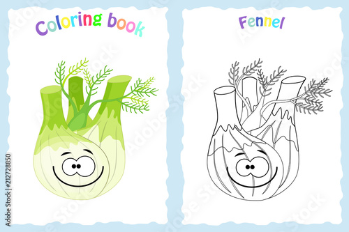 Coloring book page for  children with colorful fennel  and sketc