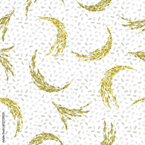 Seamless vector pattern with rice grain and panicles on white background.