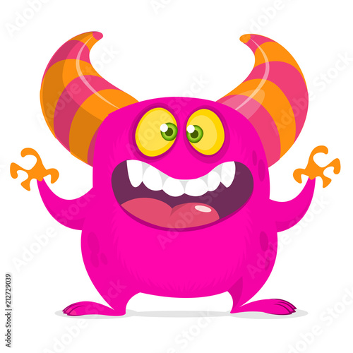 Crazy cartoon monster with big mouth. Vector pink  monster troll illustration. Halloween design