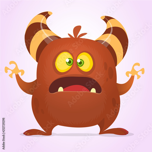 Agry scared cartoon monster with horns. Vector brown monster illustration. Halloween design