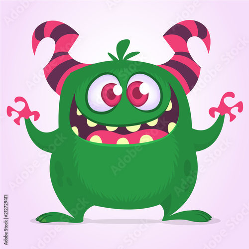 Happy excited cartoon monster. Vector green monster illustration. Halloween design
