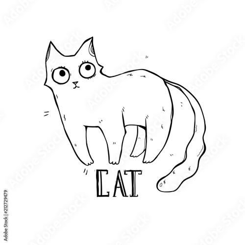 The funny cat with big eyes. Line drawing. Black and white. Can be printed on a t-shirt, postcards, etc.