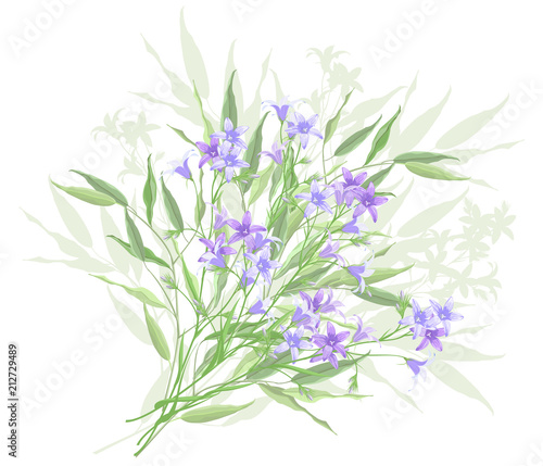 Bunch of bellflowers, hand drawn vector illustration, imitation of watercolor painting.