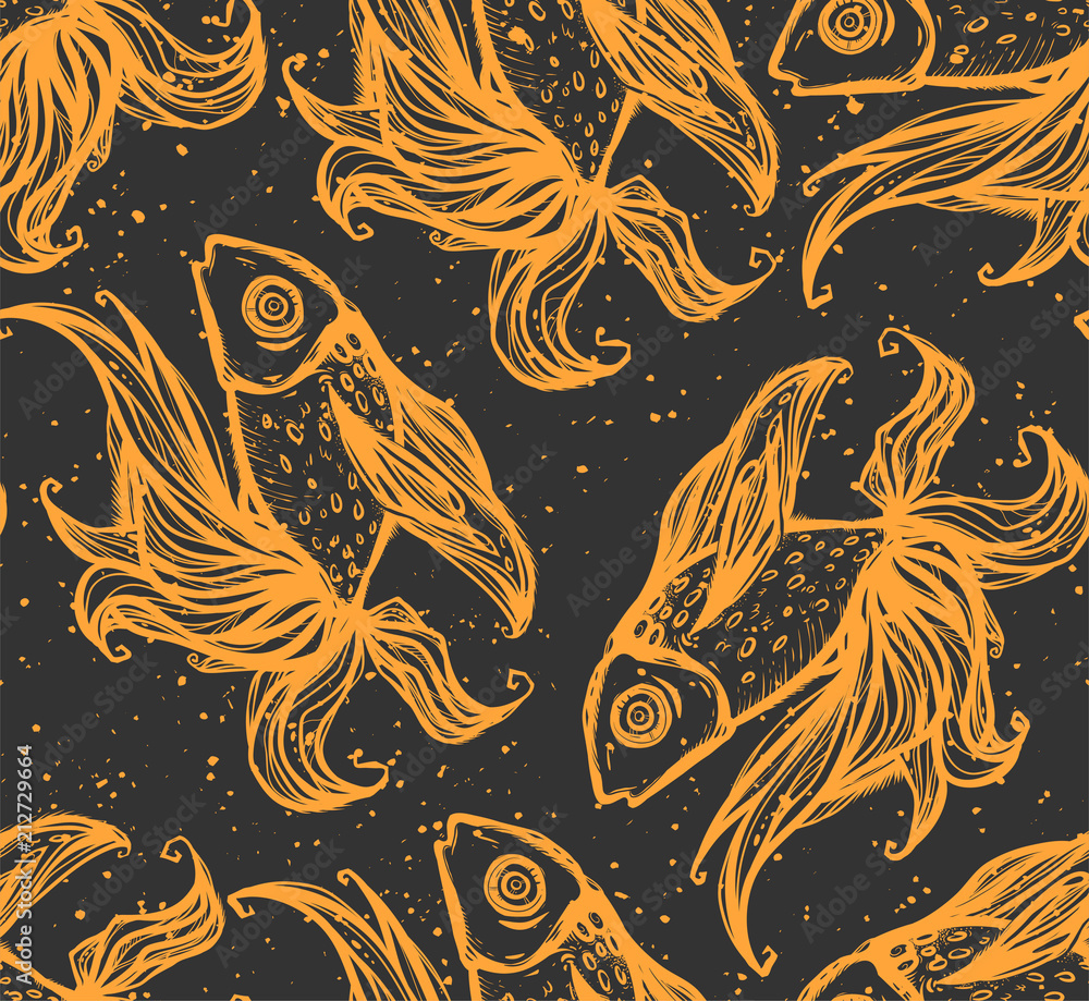 Seamless texture with golden fish. Repeating background. Tile pattern
