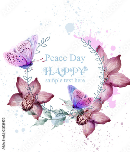 Orchid flowers and butterflies watercolor card Vector. Vintage background with paint splashes. Trendy ultra violet colors