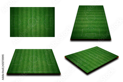 Different perspective of green football field, soccer field from top view.