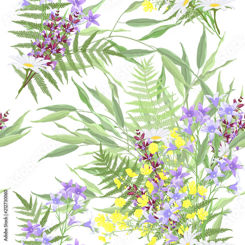 Seamless watercolor pattern with wild flowers, fern and willow leaves on white background.