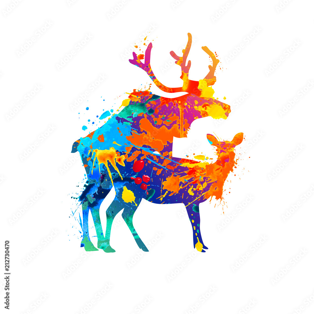 Obraz Silhouette of mating deers. Splash paint