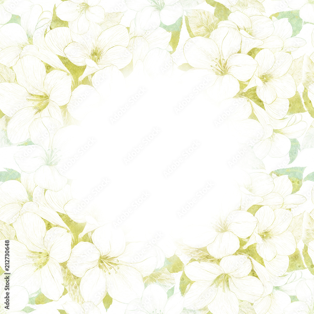 Tropical flowers. Graphic arts. Decorative composition - flowers on a watercolor background. Use printed materials, signs, items, websites, maps, posters, postcards, packaging.Seamless pattern.