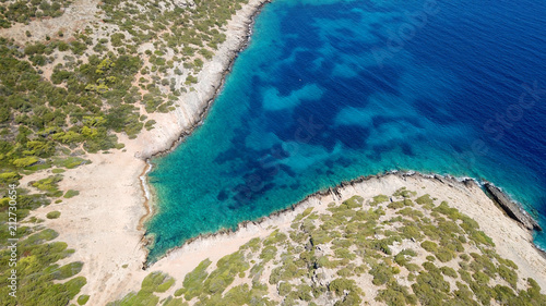 Photography Aerial photo of tropical rocky seascape with beutiful turquoise clear sea and bo