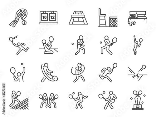 Tennis icon set. Included icons as doubles tennis, tennis player, match, serve, forehand, backhand and more.