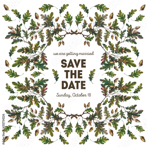 Watercolor save the date wedding card with oak branches