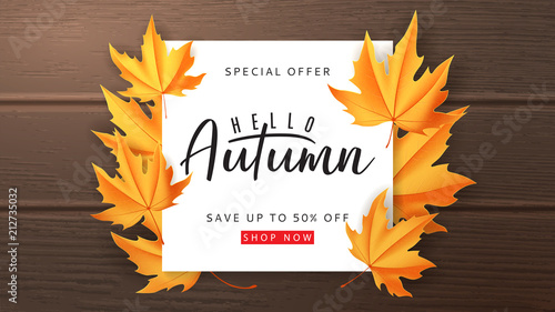 Seasonal autumn sale banner. Vector illustration with calligraphy lettering. Maple leaves on the dark wooden texture.