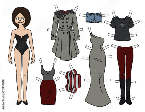The brunette paper doll with cutout clothes