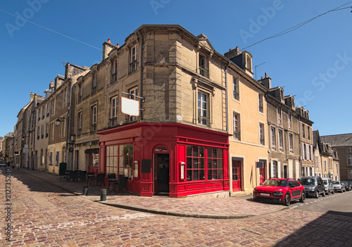 A typical street corner in the medieval city of Bayeux, Calvados department of Normandy, France