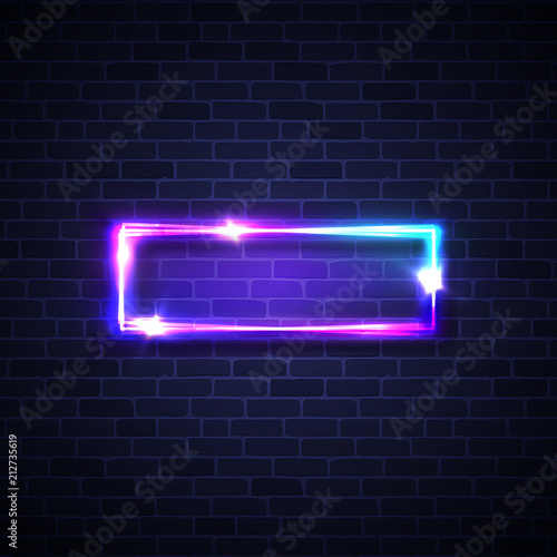 Realistic led neon lights frame. Rectangle signage with glowing. Electric bright 3d street sign banner on dark brick background wall. Abstract square lamp with neon light. Vintage vector illustration.