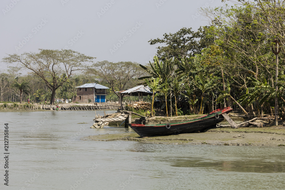 Landscape with tropical vegetation and houses on a riverside in Bangladesh