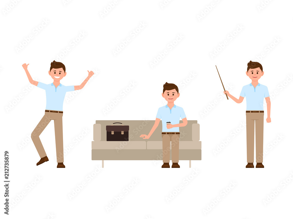 Office man sitting on sofa, jumping, standing with wooden pointer cartoon character. Vector illustration of working people Office man sitting on sofa, jumping, standing with wooden pointer cartoon character. Vector illustration of working people