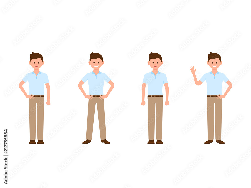 Young boy cartoon character. Vector illustration of casual look man in different poses Young boy cartoon character. Vector illustration of casual look man in different poses
