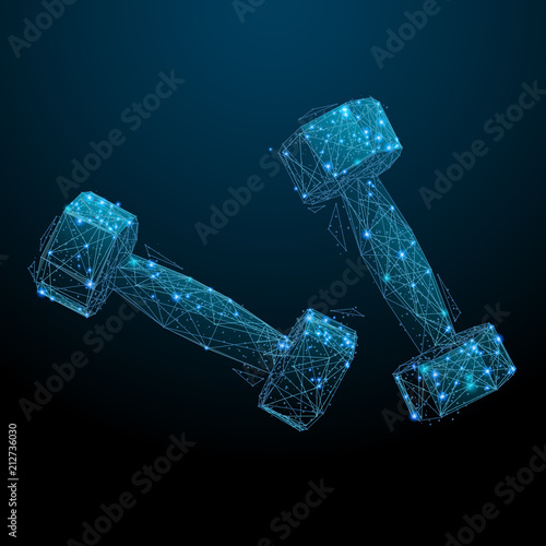 Abstract image of dumbells in the form of a starry sky or space, consisting of points, lines, and shapes in the form of planets, stars and the universe. Sport and exercise vector wireframe concept