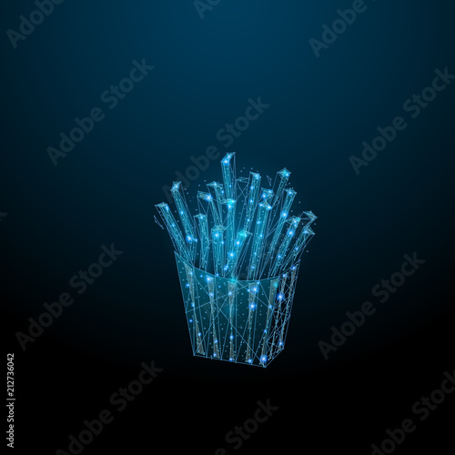 Abstract image of a French fries in the form of a starry sky or space, consisting of points, lines, and shapes in the form of planets, stars and the universe. Fast food vector wireframe