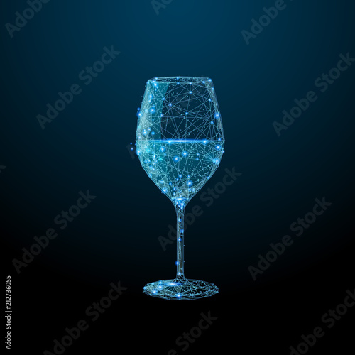 Abstract image of a glass of wine in the form of a starry sky or space, consisting of points, lines, and shapes in the form of planets, stars and the universe. Alcohol vector wireframe