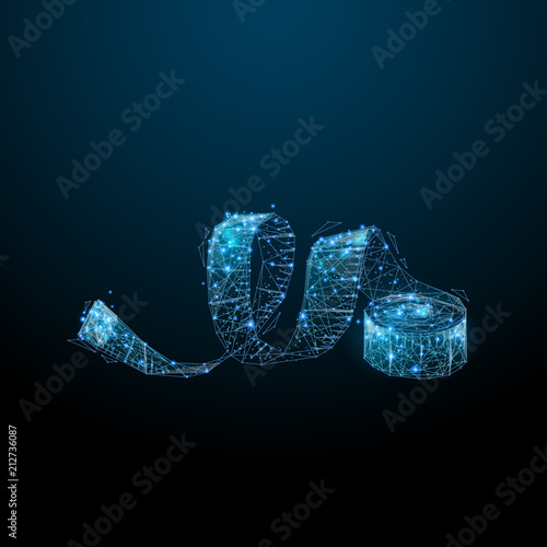 Abstract image of a Measuring tape in the form of a starry sky or space, consisting of points, lines, and shapes in the form of planets, stars and the universe. Vector wireframe concept