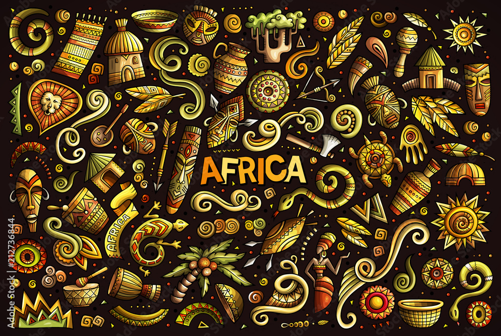 Fototapeta premium Vector doodle cartoon set of Africa objects