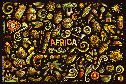 Vector doodle cartoon set of Africa objects