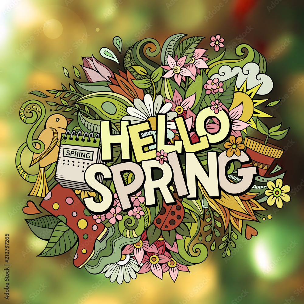 Cartoon cute doodles hand drawn Hello Spring illustration