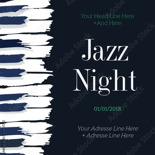 jazz night dark blue and white poster design with brush stroke style piano keys 