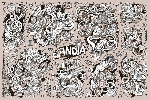 Vector doodle cartoon set of Indian designs