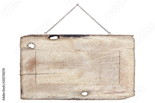 blank wooden sign hanging on a chain isolated on white
