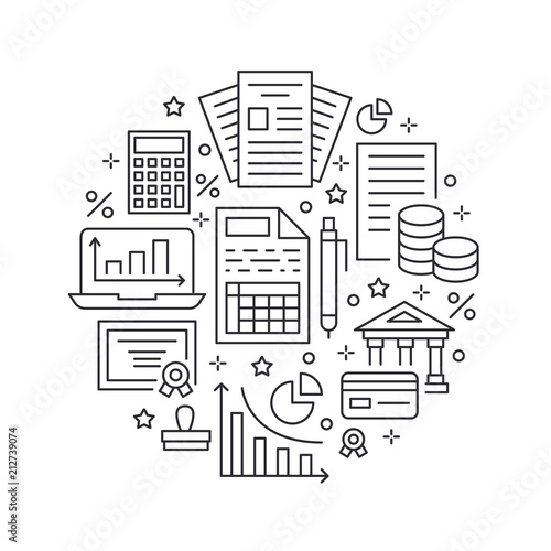 Financial accounting circle poster flat line icons. Bookkeeping brochure concept, tax optimization, firm accountant, loan, payroll, real estate crediting. Accountancy, finance signs legal services.