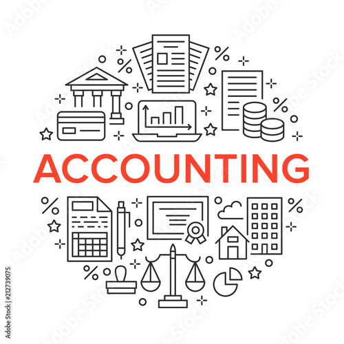 Financial accounting circle poster with flat line icons. Bookkeeping brochure concept, tax optimization, loan, payroll, real estate crediting. Accountancy, finance thin linear signs for legal services