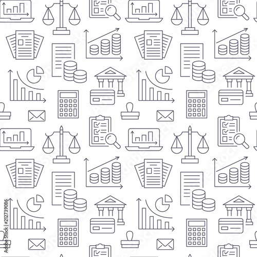 Financial accounting seamless pattern with flat line icons. Bookkeeping background, tax optimization, loan, invoice, real estate crediting. Accountancy, finance thin linear signs for legal services.