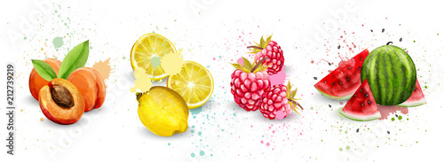 Watercolor fruits set Vector. Apricot, lemon, raspberry, watermelon delicious illustrations