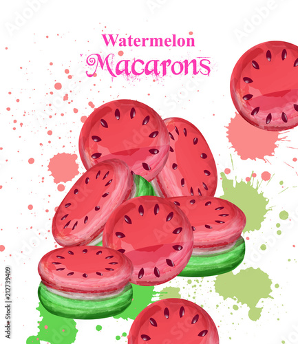 Watermelon macaroons dessert Vector. Fresh and colorful sweet design handmade...