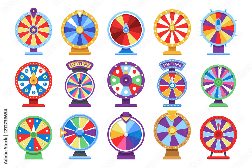 Fortune wheels flat icons set. Spin lucky wheel casino money game symbols - obrazy, fototapety, plakaty 