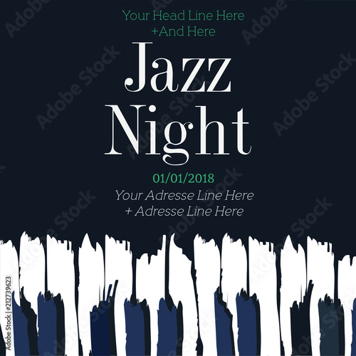 jazz night dark blue and white poster design with brush stroke style piano keys 