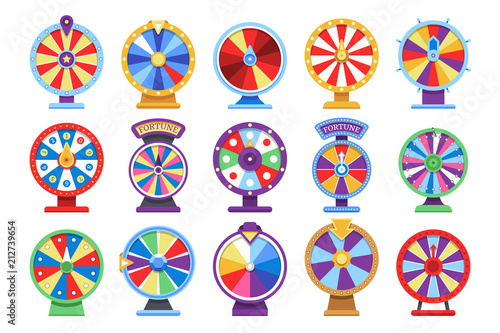Fortune wheels flat icons set. Spin lucky wheel casino money game symbols photo