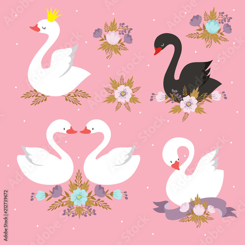 Beautiful white princess swan with crown. Cartoon goose, duck bird vector set
