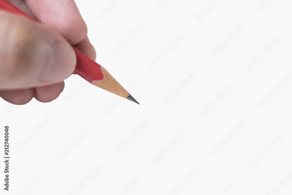 closeup hand holding pencil on white background. mockup template closeup hand holding pencil on white background. mockup template
