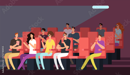 People watching movie in cinema hall interior. Cartoon family in theater vector concept