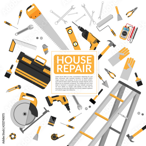 yellow house repair tools and construction working equipment isolated on white background with copy space. vector illustration, flat design