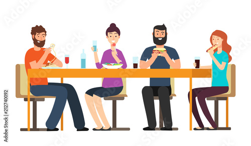 Friends eating snacks. Friendly people group have dinner at desk in restaurant. Cartoon vector characters isolated on white background