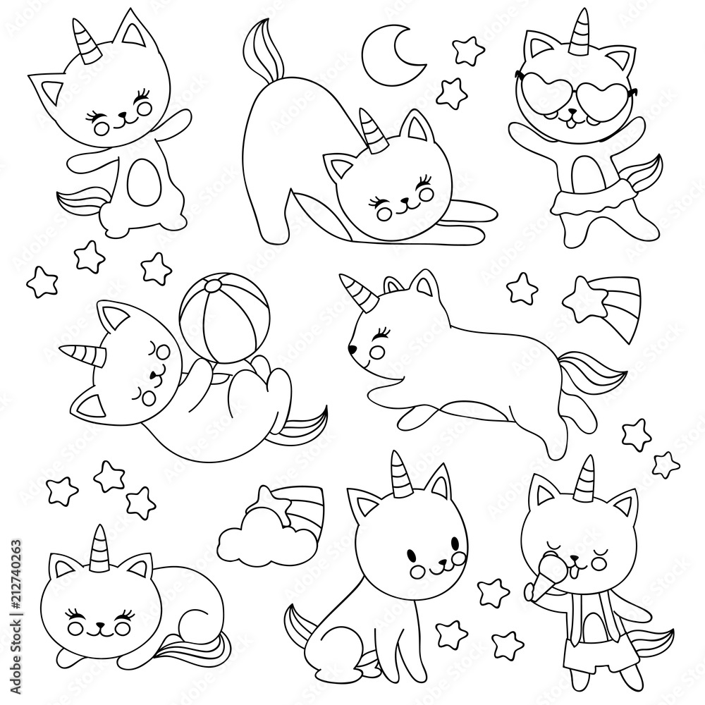 Hand drawn cute flying unicorn cats. Vector cartoon characters for kids  coloring book Stock Vector | Adobe Stock